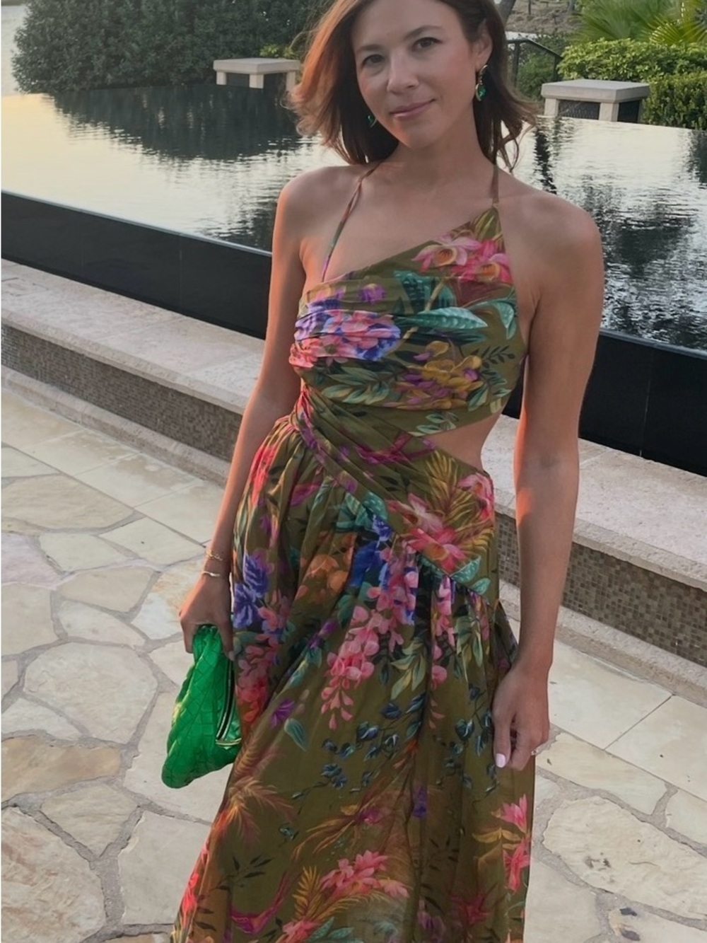Zimmermann Floral One-Shoulder Cutout Maxi Dress in Olive Green